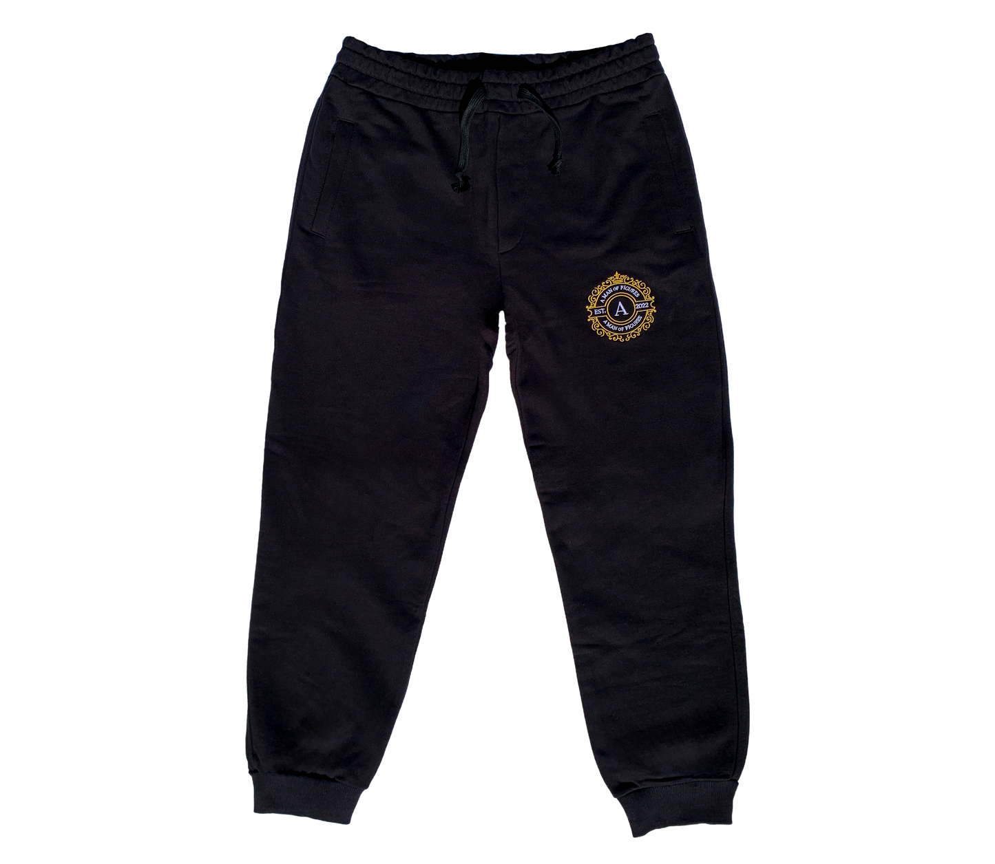 AMOF GOLD § WHITE ROYAL CROWN EMBROIDERY BLACK SWEATPANTS