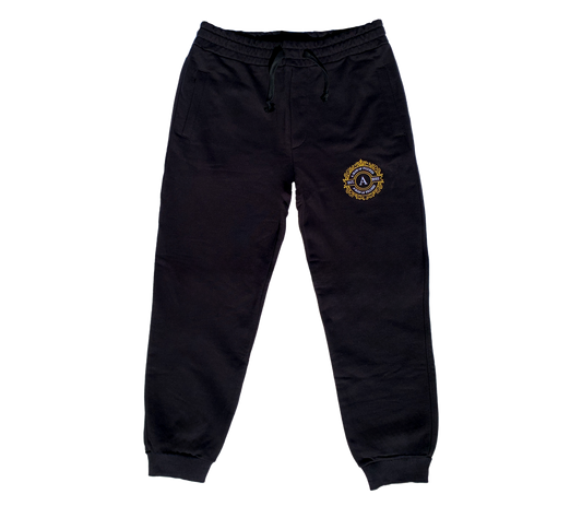 AMOF GOLD § WHITE ROYAL CROWN EMBROIDERY BLACK SWEATPANTS